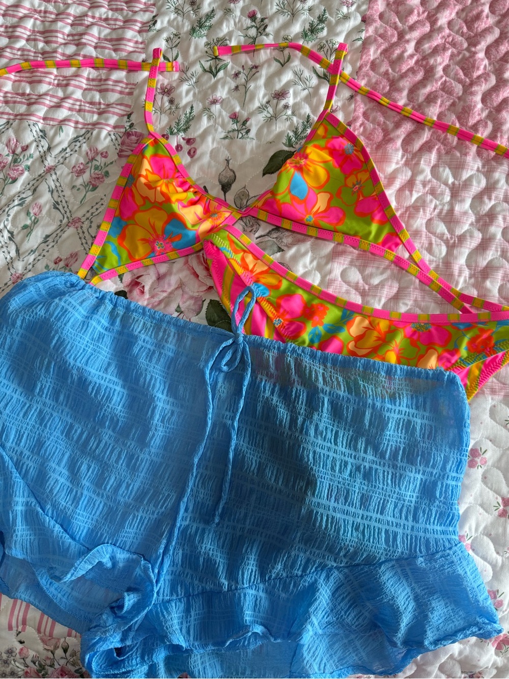 wild fable Neon Floral Triangle Bikini Top with Blue Cover Shorts